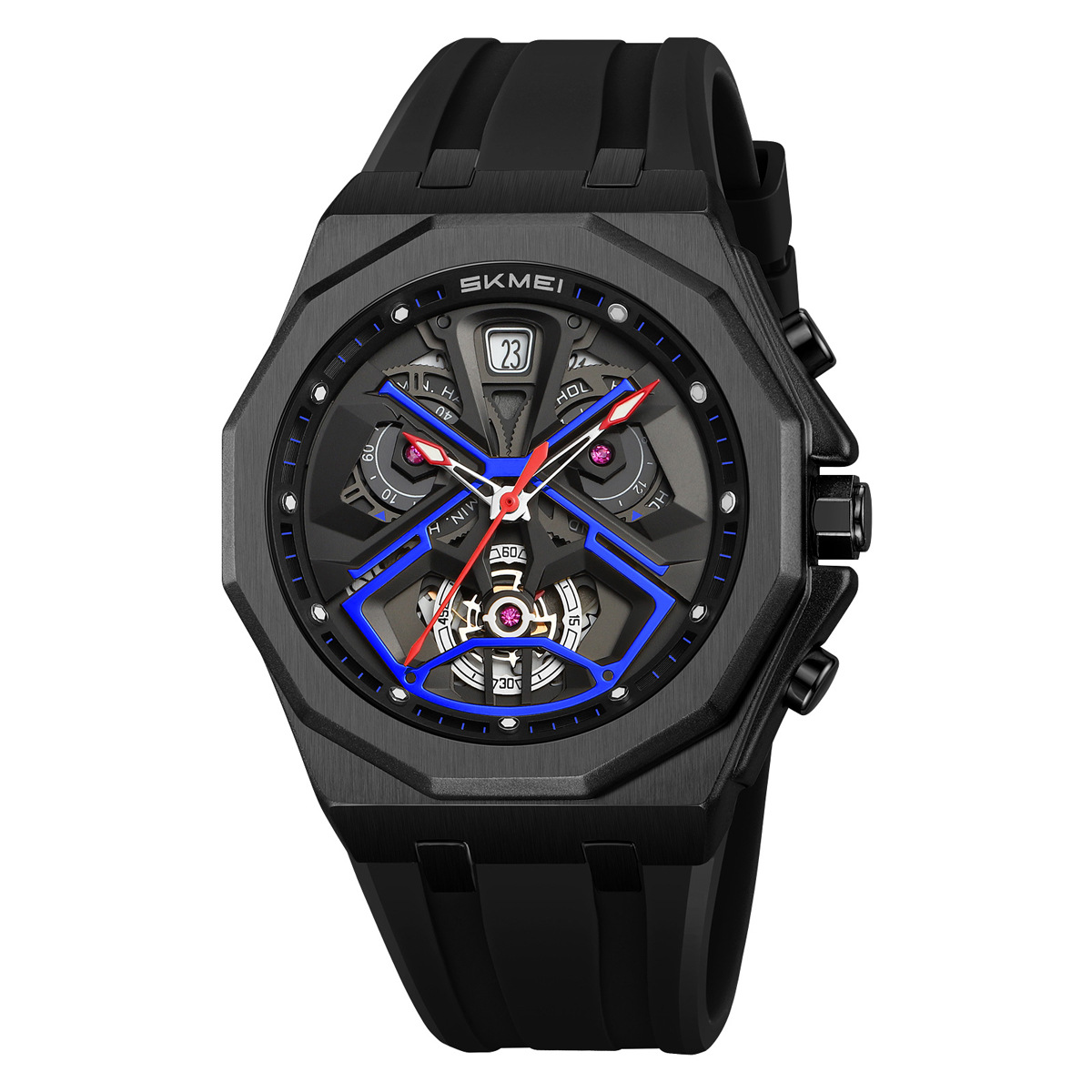 Momento de belleza para hombres octogonal oro viento mecánico reloj de cuarzo transfronterizo correa de silicona multifuncional relojes de pulsera ocio