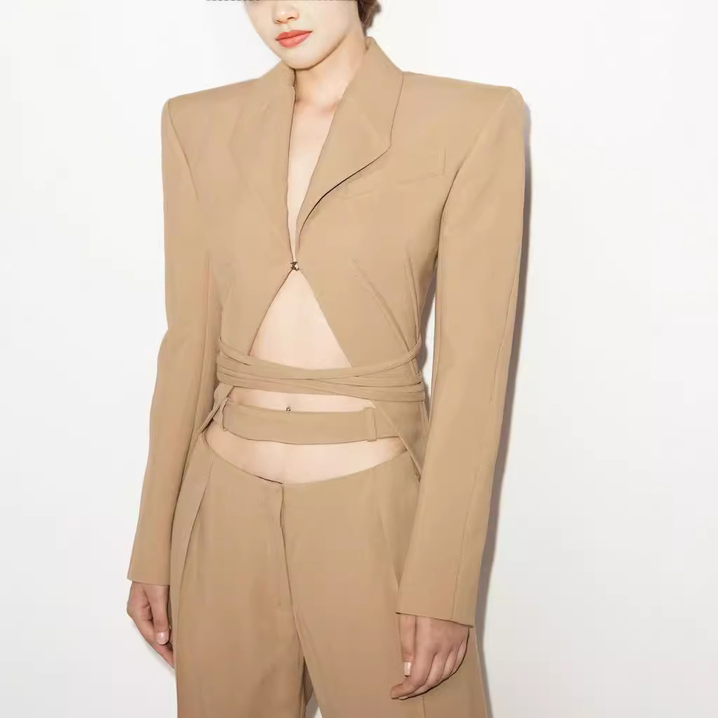 Women's Clothing Niche design deconstructed herringbone suit female tie wide shoulder suit jacket hollow straight pants two piece suit_voghion.com