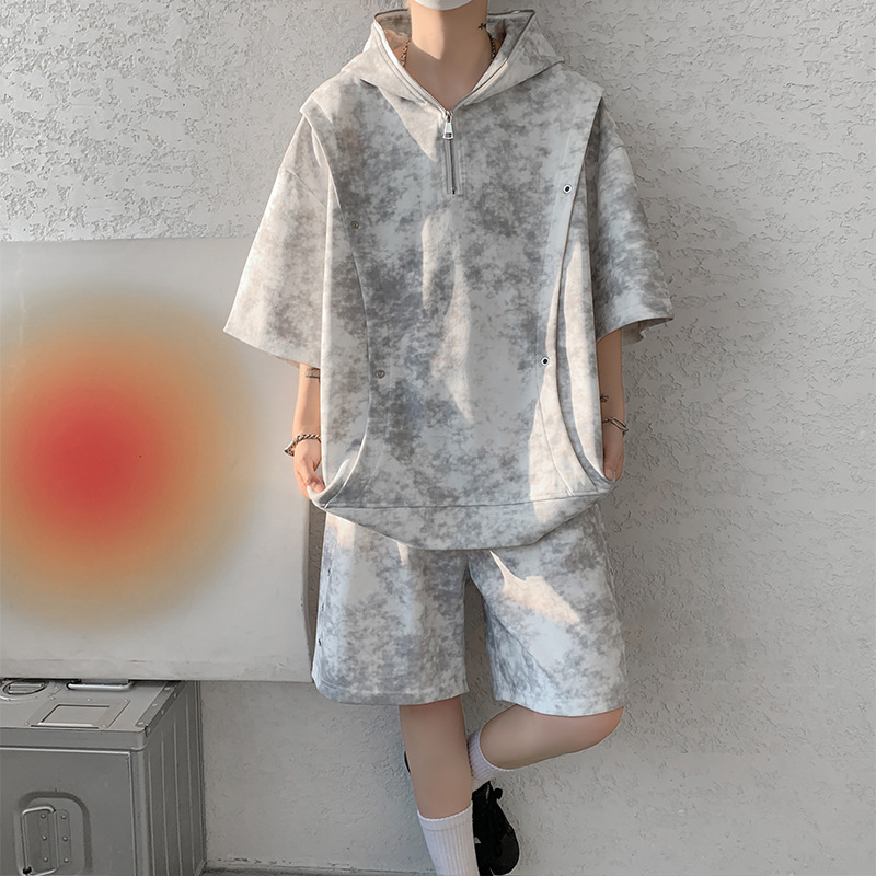 American Retro Cross-Border Short-Sleeved Suit Men's Summer Loose Casual Sports T-Shirt Shorts Trendy Brand Tie-Dye Two-Piece Set