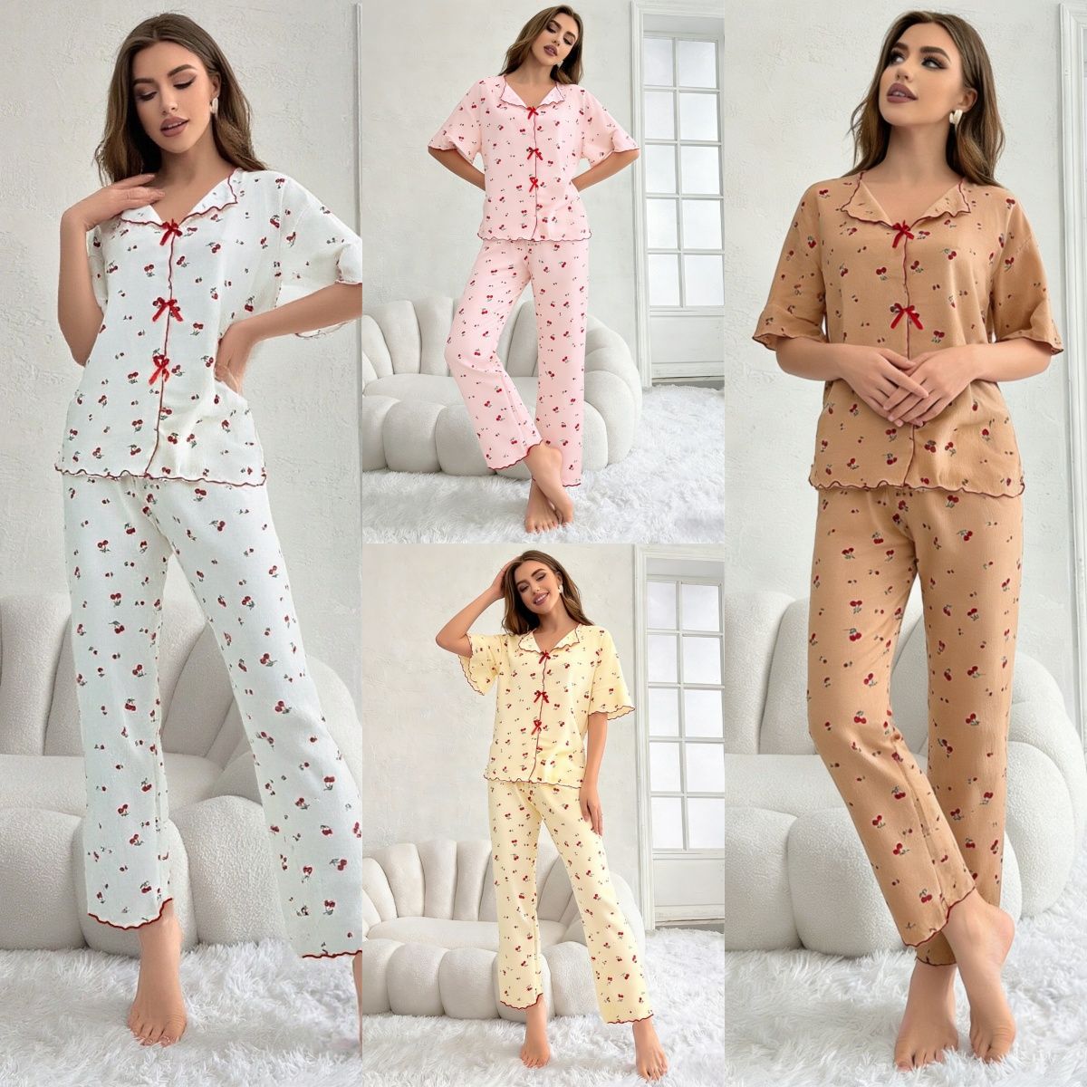 Spring and Summer Pajamas for Women, Short-Sleeved and Long-Pants, Fresh and Youthful Polka Dot Cardigan, Age-Reducing Young Girl Style Loungewear Set