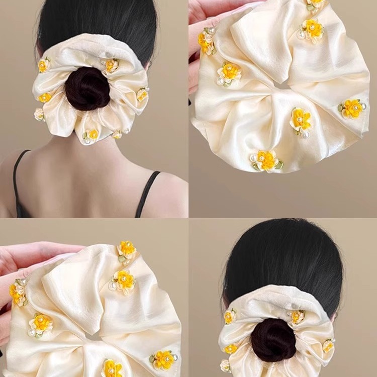 여성을 위한 프렌치 스위트 플라워 헤어밴드, 고급 한국식 새틴 로즈 헤어끈, 로우 포니테일 머리띠