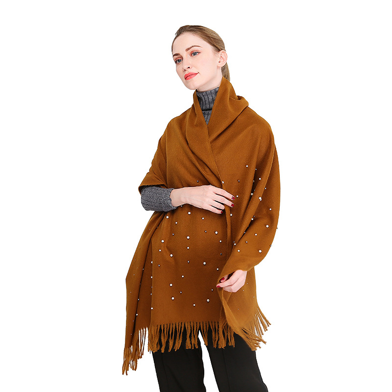 Vente chaude nouvelle automne et hiver couleur unie cheveux épineux clou perle châle en Europe et en Amérique, écharpe femme gland chaud épaissi_voghion.com