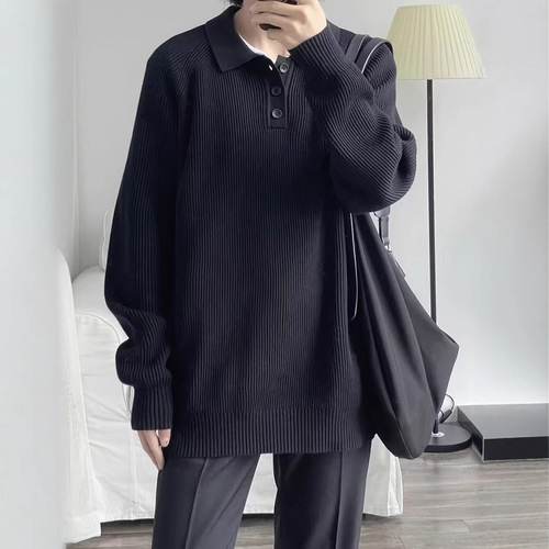 Pure Color Collar Sweater for Men - Autumn Simple and Versatile Hoodless Knit Top - Japanese Style Trendy Men Loose Knit Polo Shirt