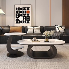 リビングルームの小さなアパート用のモダンでシンプルな楕円形のロックプレートコーヒーテーブル、ミニマリストのティーテーブル、創造的な特殊な形状の組み合わせ