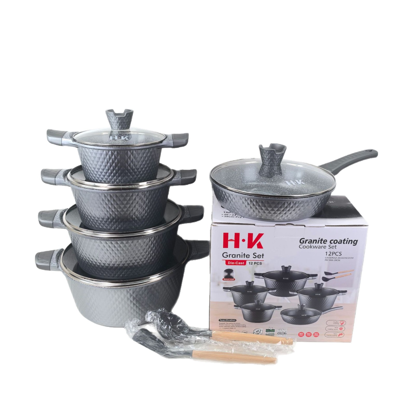 Juego de 10 piezas de utensilios de cocina antiadherentes de mármol con un pequeño patrón de diamantes, juego de ollas de aluminio con revestimiento de piedra Maifan, olla de fundición a presión para cocina de inducción. image 4