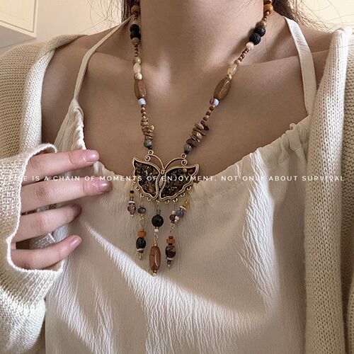 Butterfly Tassel Natural Stone Beaded Necklace Women's New Chinese Style Retro Ethnic Choker Necklace Unique Design Statement Necklace