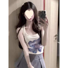 美式复古小兰花工字吊带背心女夏外穿无袖上衣