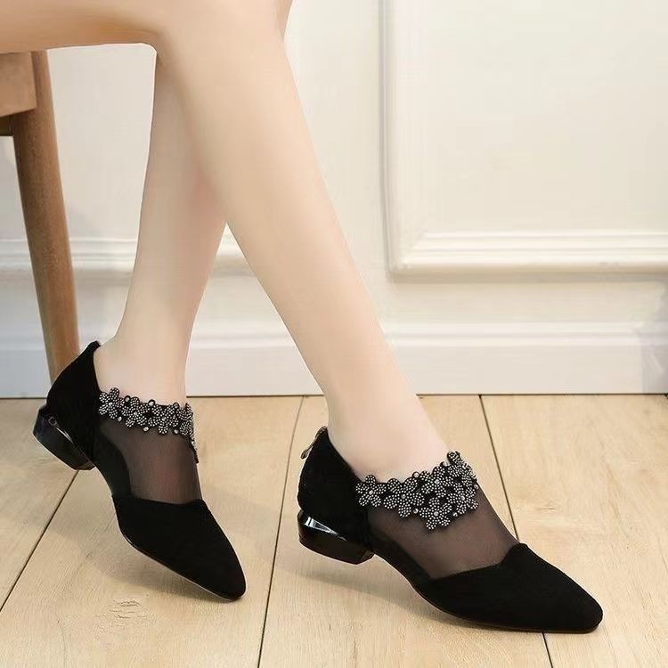 Versión coreana de comercio exterior de gran tamaño malla de tacón grueso zapatos individuales transpirables mujer 2022 nueva malla hueca diamantes de imitación sandalias Baotou