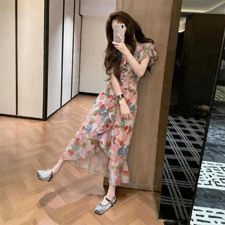 气质花色荷叶边连衣裙女26夏特别漂亮掐腰小个子绝美巨好看长裙子