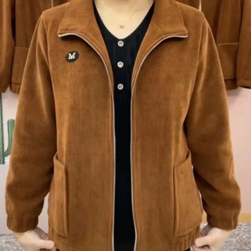 Мама куртка женский 2024 осень и зима новый длинный рукав большой размер топ среднего и пожилого возраста свободный повседневный сплошной цвет