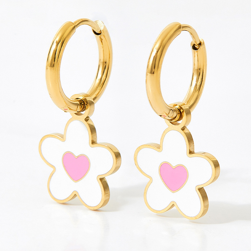 Daily Occasion Stainless Steel Material 1 Pair Cute Flower Enamel Plating Stainless Steel Drop Earrings