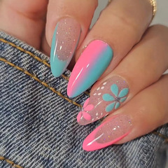 Sweet sparkling almond nails blue pink mandarin duck gradient round head fake nails wearable nails removable manicure
