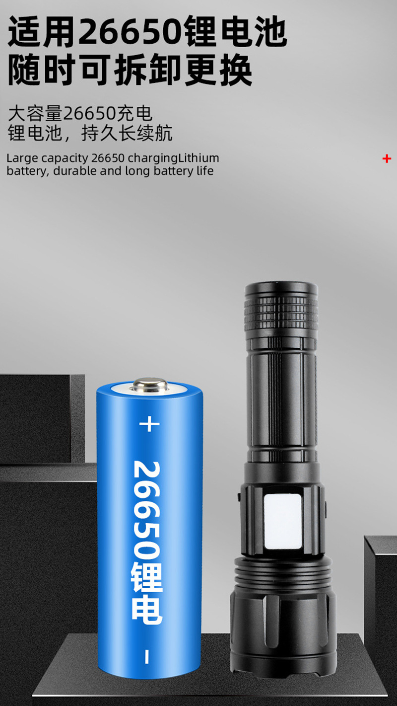 White Laser Flashlight with Dual Side Lights, White and Red Light, Logo Laser Printing, Aluminum Alloy Rechargeable Light, Zoom Floodlight