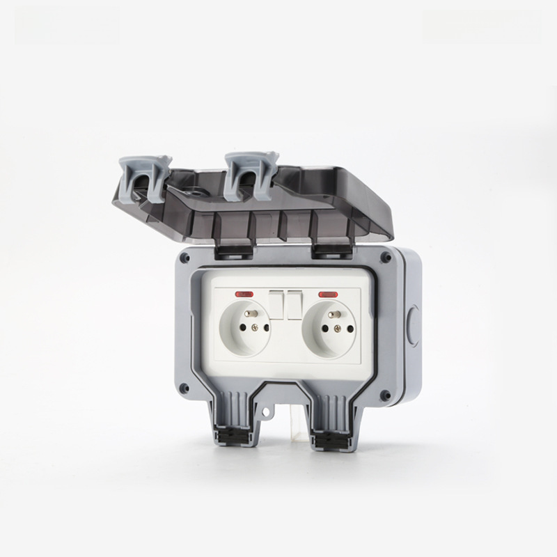 IP66 Outdoor Waterproof Socket, Bathroom Splashproof and Rainproof Socket, Euro Standard French Double Switch with Indicator Light