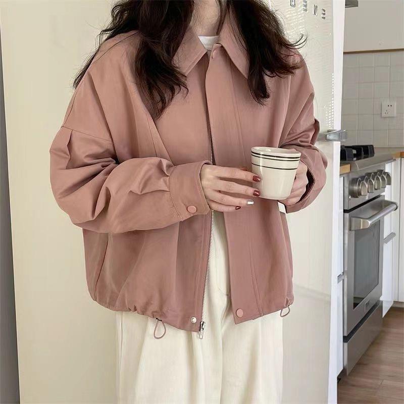 2024 New Autumn East Gate New Korean Version Simple Drawstring Retro Laps Loose Thin Jacket Solid Color Jacket for Women