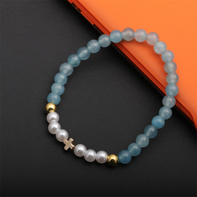 Europa y América transfronteriza 6mm rosa cristal pulsera de cuentas de cobre Cruz amor imitación perla pulsera de cuentas