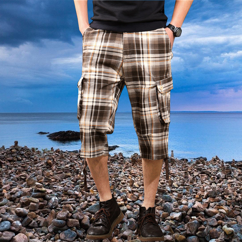 Primavera y verano Comercio exterior Plaid shorts pantalones de playa de los hombres multi-Bolsillo 7-punto pantalones sueltos más tamaño ropa de trabajo medio pantalones al por mayor