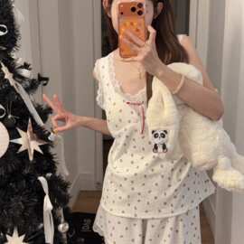 小熊印花睡衣女夏季带胸垫蕾丝边无袖短裤甜美家居服套装