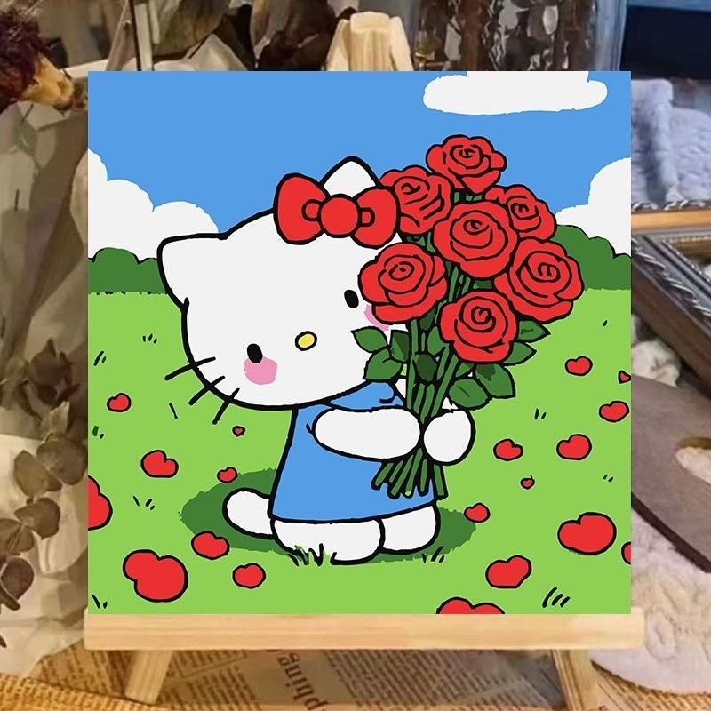 个性甜酷HelloKitty凯蒂猫数字油画diy手绘丙烯油彩画手工装饰画|undefined