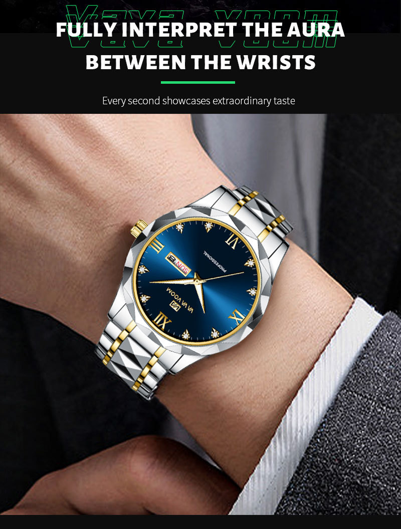 Neue Uhr Doppel Kalender Woche Bewegung Niete Edelstahl Kette mit Diamant Herren Einfache Quarz Wasserdichte Uhr_voghion.com