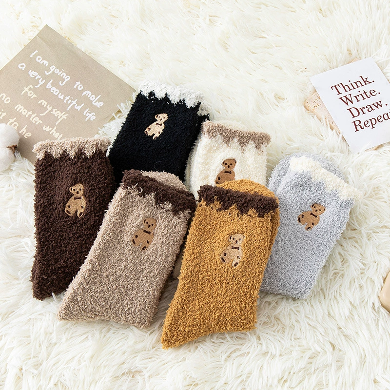 Coral velvet demi-season keep warm cartoon knee socks, with little bears, with embroidery, mid-length, increased thickness