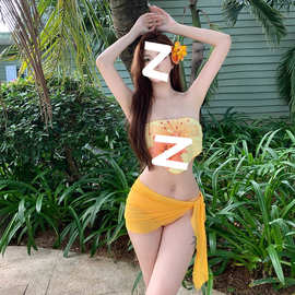 新款泳衣女分体比基尼三件套抹胸温泉度假纯欲风高级辣妹泳衣胸垫