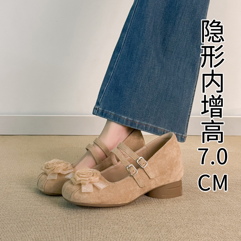 Korean-Style Camellia Double-Tie Metal Buckle Single Shoes for Women, 2026 Autumn and Summer Elegant Height-Increasing Mary Jane Shoes