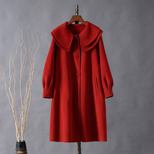 紅色雙面羊絨大衣女娃娃領中長款小個子寬松羊毛呢子外套女新款冬