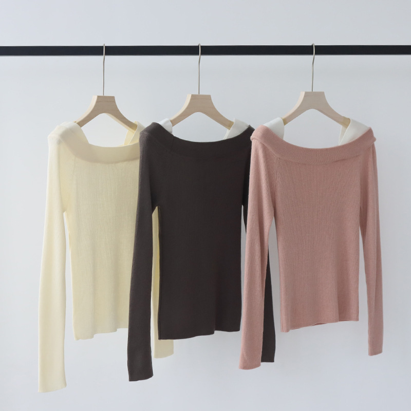 One-Line Collar Off-Shoulder Fake Two-Piece Autumn and Winter Wool Blbottomed Long-Sleeved Knitwear Pullover Women's Bottoming Shirt Top New Product