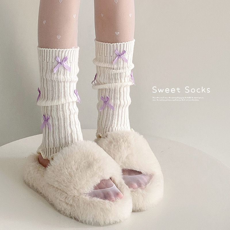 Scaldamuscoli Calzini in cotone per donna Calzini in pile lavorato a maglia Primavera e autunno Leggings bianchi autunnali e invernali con fiocco a tubo medio_voghion.com