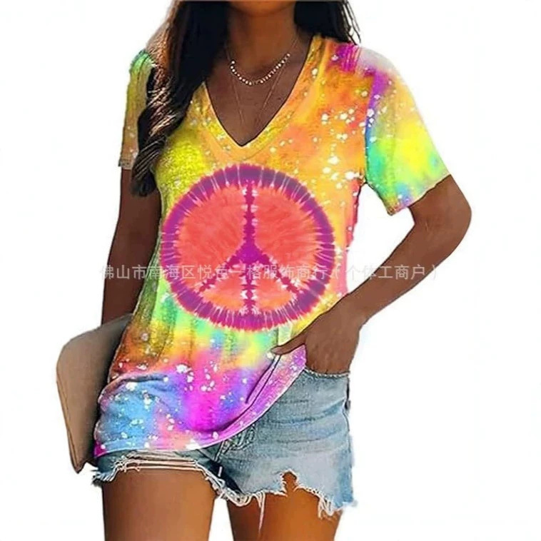 2026 Hot-Selling New Women's Hippie Top 60S 70S Tie-Dye Pattern V-Neck T-Shirt Hippie Style 2026 Hot-Selling New Women's Hippie Top 60S 70S Tie-Dye Pattern V-Neck T-Shirt Hippie Style