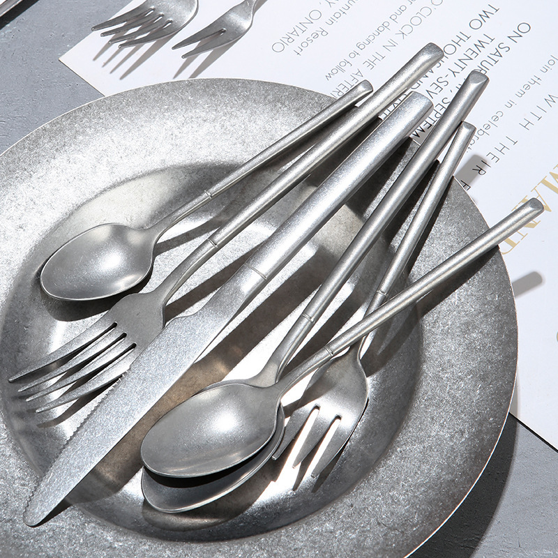 Japanese Old 304 Stainless Steel Knight Tableware Retro Snowflake Sand Western Food Knife, Fork and Spoon Thickeneded Frosted Western Tableware Japanese Old 304 Stainless Steel Knight Tableware Retro Snowflake Sand Western Food Knife, Fork and Spoon Thickeneded Frosted Western Tableware
