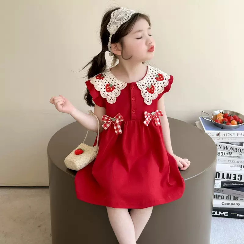 女童连衣裙夏装2026新款洋气女宝宝背心裙小童红色喜庆周岁礼服裙