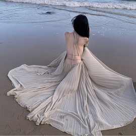 现货！实拍海边度假长裙高级氛围拍照女神穿搭大摆飘逸仙气套装裙