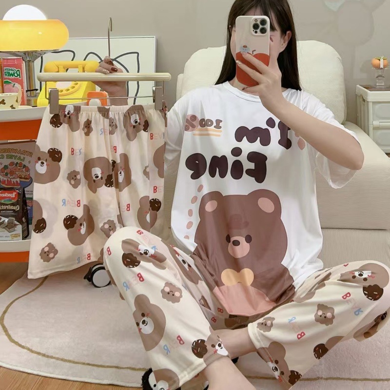 Pijamas de verano transfronterizos pijamas de leche de seda de tres piezas set de dibujos animados comercio exterior ropa para el hogar pantalones de mangas cortas lindos