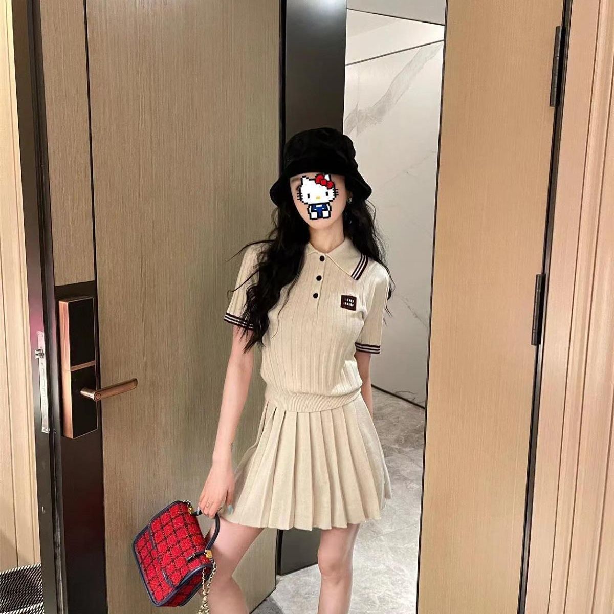 Korean style white embroidered short-sleeved knit top for women, summer, petite, high-waisted, slimming pleated skirt two-piece set