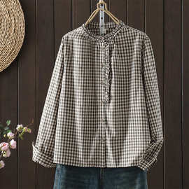 新款 全棉提花文艺花边领宽松格子衬衣
