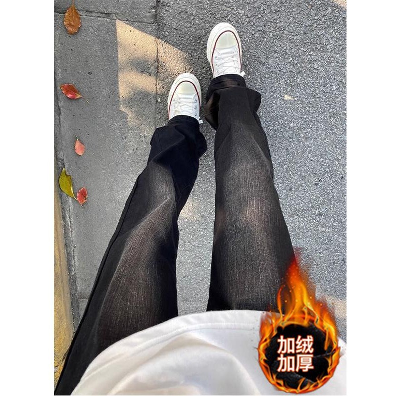 Washed Black Gradient Fleece-Lined Jeans for Men in Autumn and Winter Trendy American Vibe Pants Slim Straight Leg Pants Washed Black Gradient Fleece-Lined Jeans for Men in Autumn and Winter Trendy American Vibe Pants Slim Straight Leg Pants