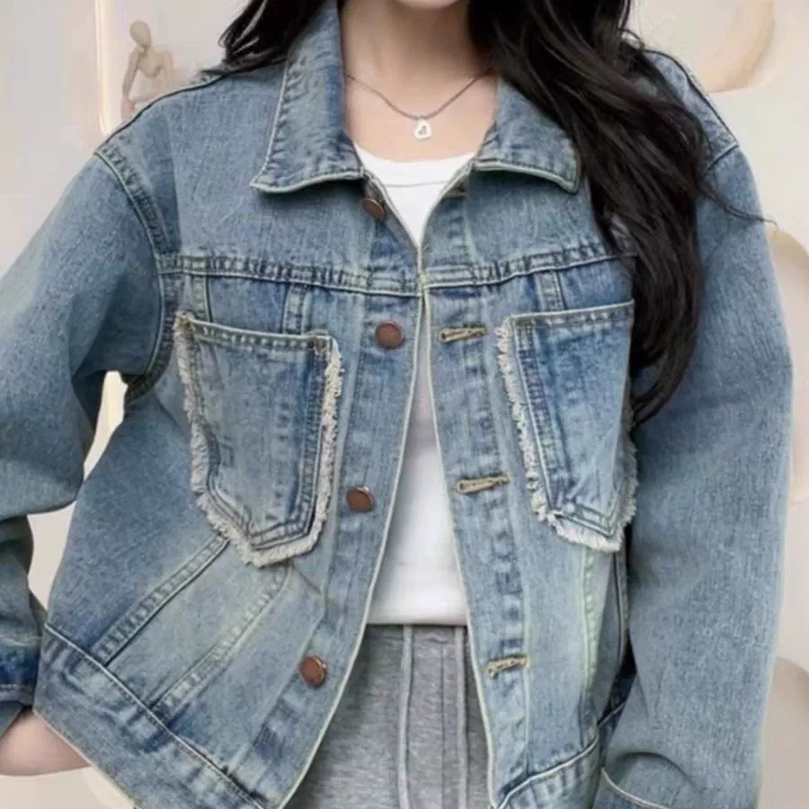 Denim autumn short retro blue jacket for leisure, oversize