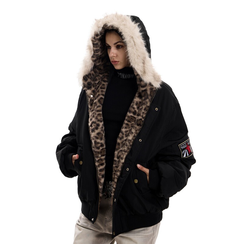 2025 Leopard Print Mountain Eagle Parka Loose American Style Workwear Fur Collar Hooded Cotton Jacket Winter 2025 Leopard Print Mountain Eagle Parka Loose American Style Workwear Fur Collar Hooded Cotton Jacket Winter
