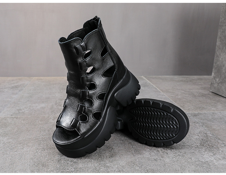 Sandal nữ đế xuồng cao gót da bò thật phong cách La Mã quai đan hở mũi — màu đen chi tiết 11