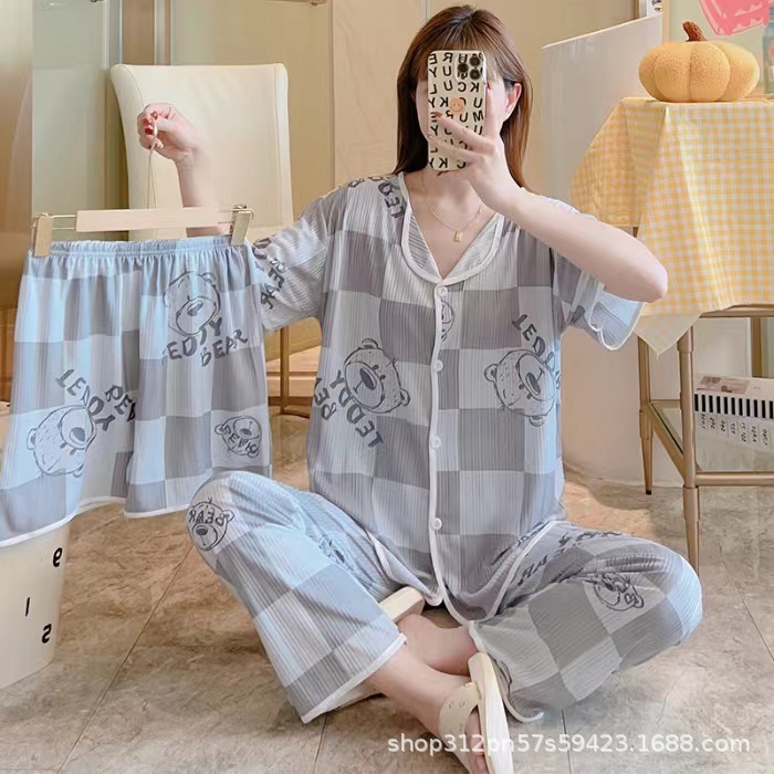 国境を越えた貿易夏の女性用リボンパジャマ3点セット、マイクロビジネスインインターネット有名人の生放送ホーム服卸売|undefined