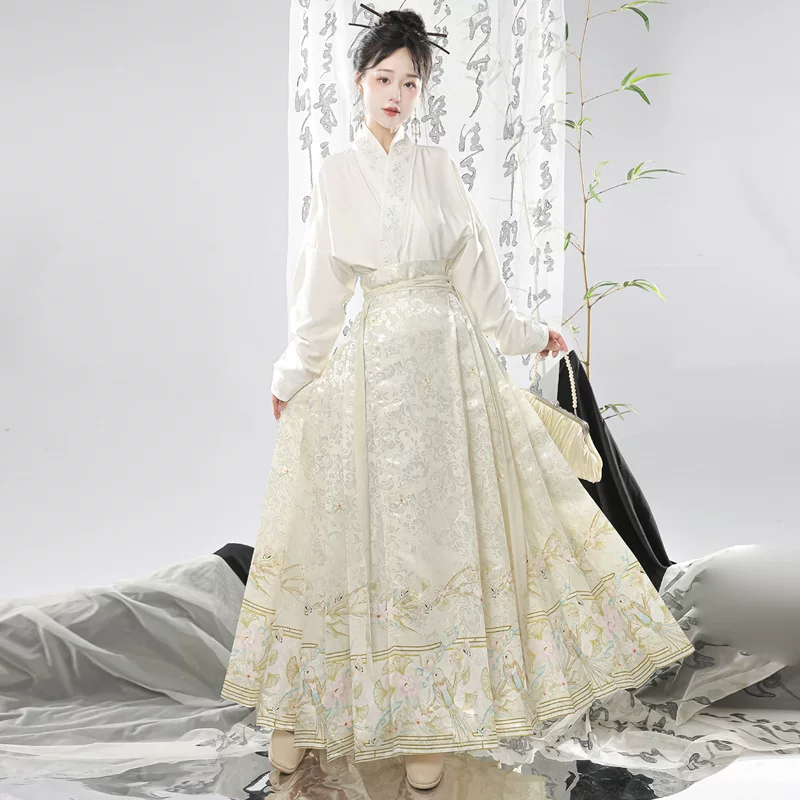 Взрослый оригинальный Hanfu женский вышивкой крестообразный воротник самолётные рукава китайский стиль лошадиного лица юбка костюм повседневное похудение для путешествий