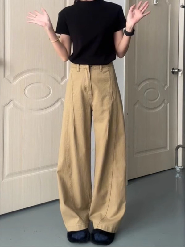 大码美式复古卡其色弯刀牛仔裤女秋季设计感胖mm宽松阔腿直筒长裤|undefined