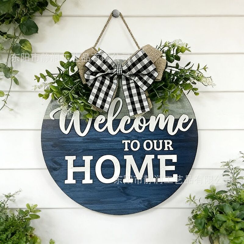 Front Door Welcome Sign, Farmhouse Porch Decoration, Wooden Hanging Sign with Bow and Leaf Wreath Decoration Front Door Welcome Sign, Farmhouse Porch Decoration, Wooden Hanging Sign with Bow and Leaf Wreath Decoration