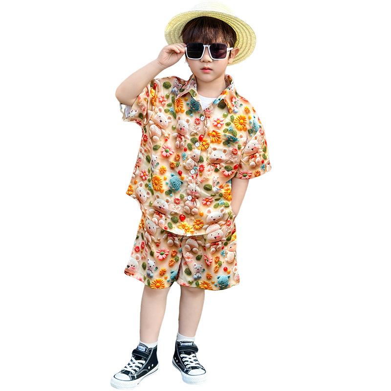 7122 Traje de chaleco para niños Camisa hawaiana de manga corta para niños Ropa de verano para bebés guapos Traje de tres piezas de verano