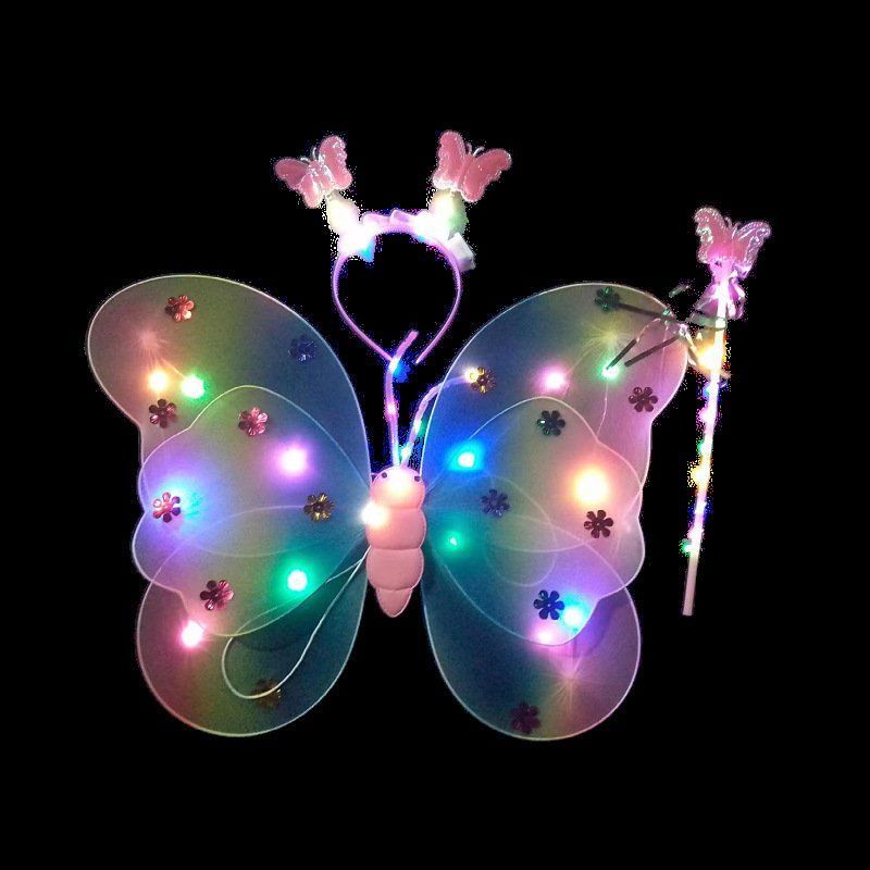 Alas luminosas de mariposa para niña, con luces LED, traje de escenario infantil de cuatro piezas