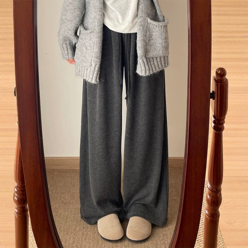 Pear-shaped figure, dark gray, comfortable and casual pants for women, new spring collection, high-waisted, loose-fitting, and flowing wide-leg pants for plus-size women