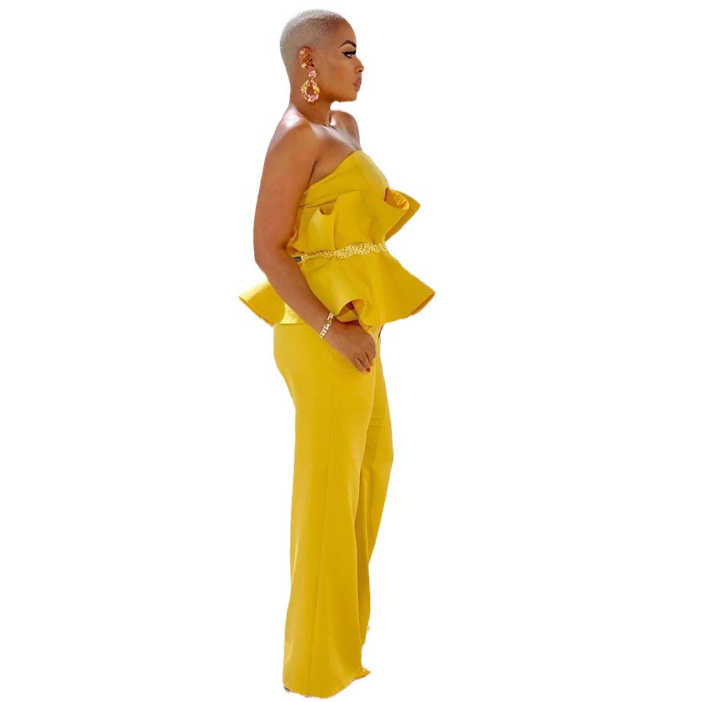 Traje de primavera y otoño de 2026 nuevo sujetador europeo y americano transfronterizo elegante pantalón de piernas anchas volantes personalidad cómoda traje de ocio