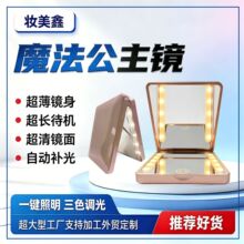 跨境美妆公主镜led化妆镜2X放大便携手持三色光带灯礼品工厂直供